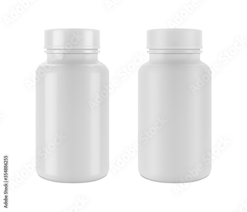 Vector realistic mockup (template) of matte and glossy plastic bottle and cap for vitamins, tablets, packaging for pills or cosmetics. EPS 10
