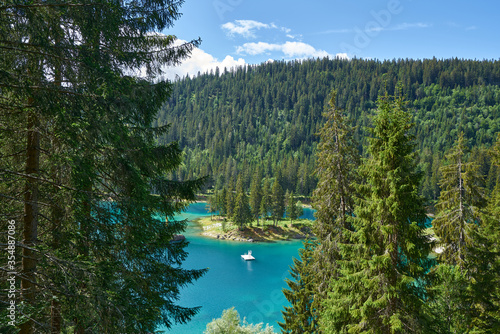 Fototapeta Naklejka Na Ścianę i Meble -  Landscape panorama of Caumasee - Lake Cauma in June, near Flims, in the Grisons, Switzerland.