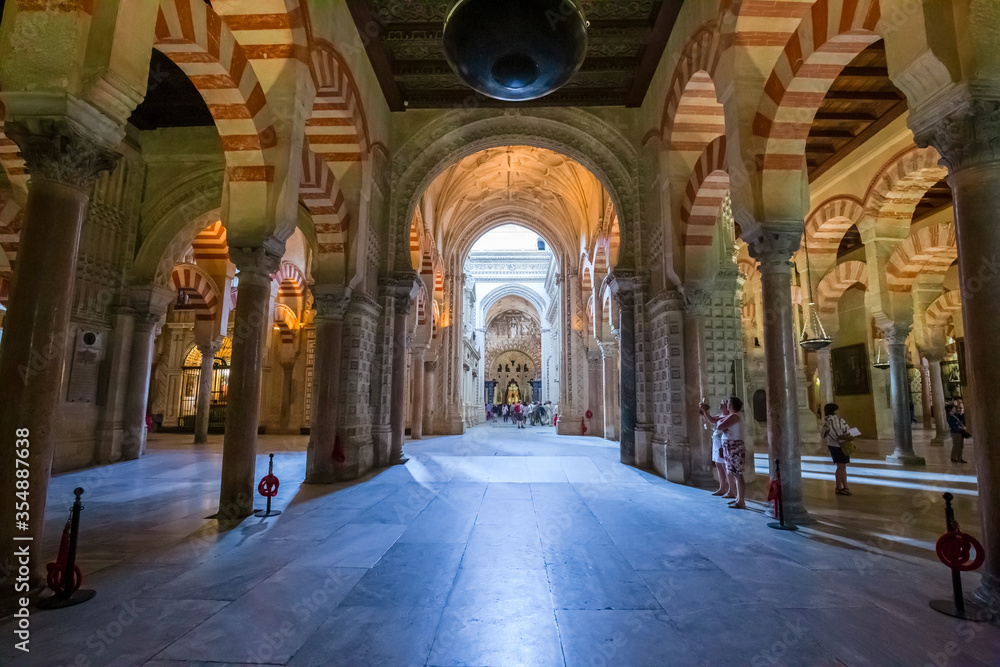 Forest of columns inside the Mezquita, Cathedral of Córdoba, Spain.