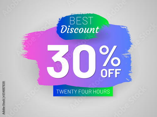 Discount sale tag and paintbrush stroke. 30 percent off banner. Flat gradient design with shadow. Best discount label. Commercial advertisement and holiday shopping. Weekend discount proposition