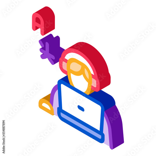 Human Learn Foreign Language Icon Vector. Isometric Man With Laptop And Earphones Listen International Language sign. color isolated symbol illustration