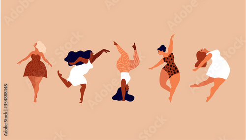 Happy women. Body positive vertical cards. Love yourself, your body concept. Female freedom, girl power or international women's day vector illustration.