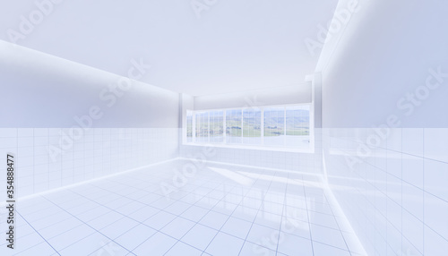 3d rendering of empty toilet room and white tile floor reflection with clear glass window in perspective view, clean and new condition use to background.