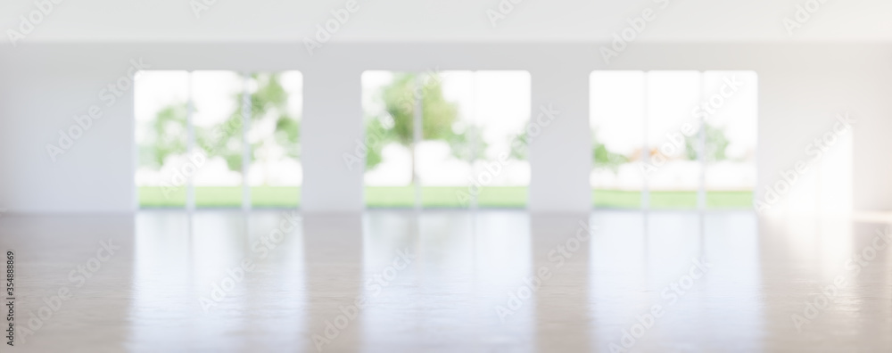 Fototapeta premium 3d rendering of empty room and wood floor shiny reflection with clear glass door in perspective view, clean and new condition use to background.
