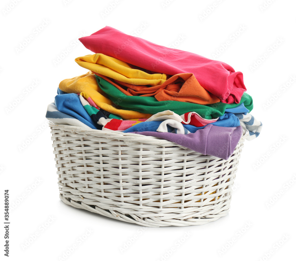 Wicker laundry basket with different clothes isolated on white Wicker laundry basket with different clothes isolated on white