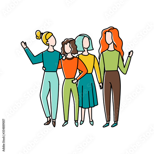 Group of women hugging. Doodle style hand drawn girl support and friendship concept illustration.