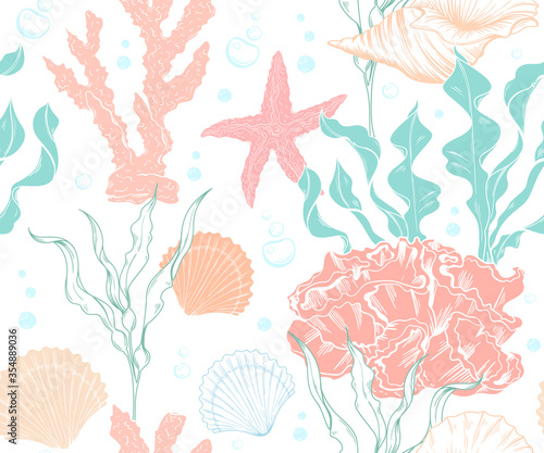 Seamless marine pattern with corals and algae
