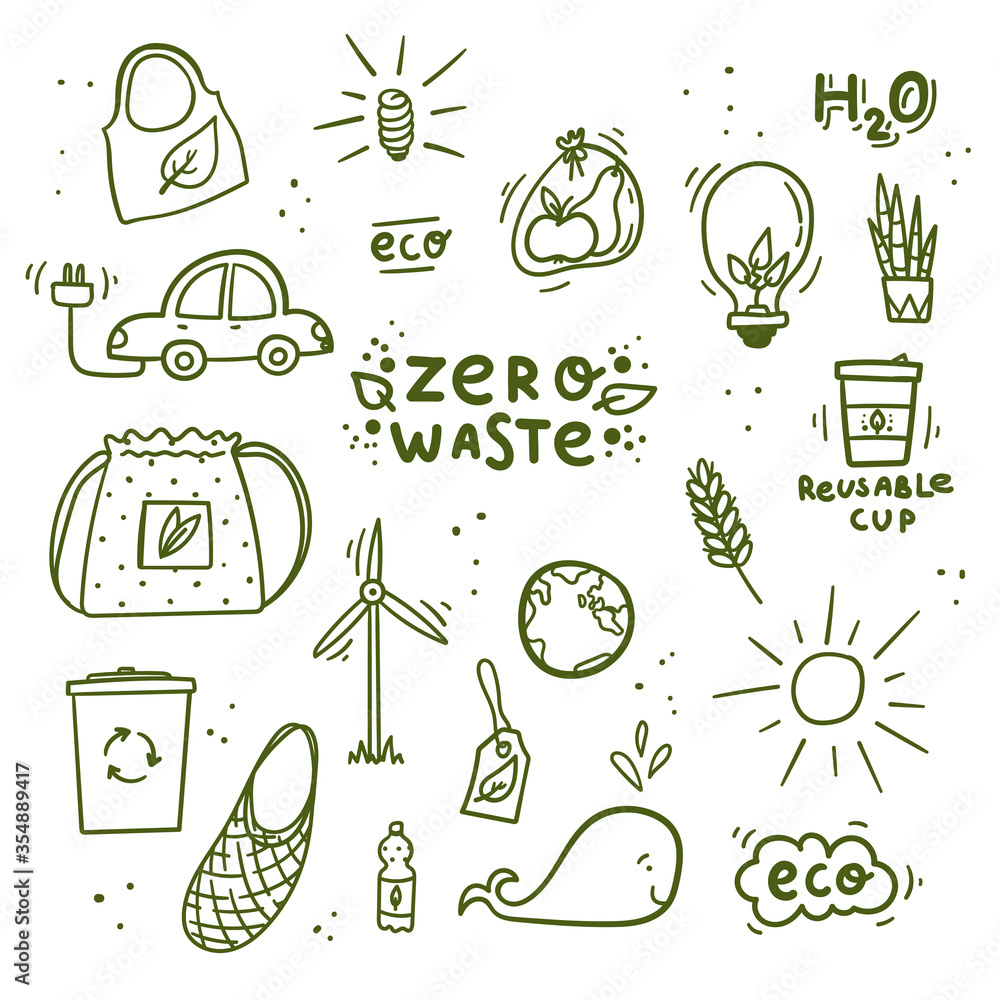 Vecteur Stock Zero waste and recycling doodles hand drawn cotton bread bags,  homemade jam, tea strainer, saving paper, reusable tea bag, plant food etc.  | Adobe Stock