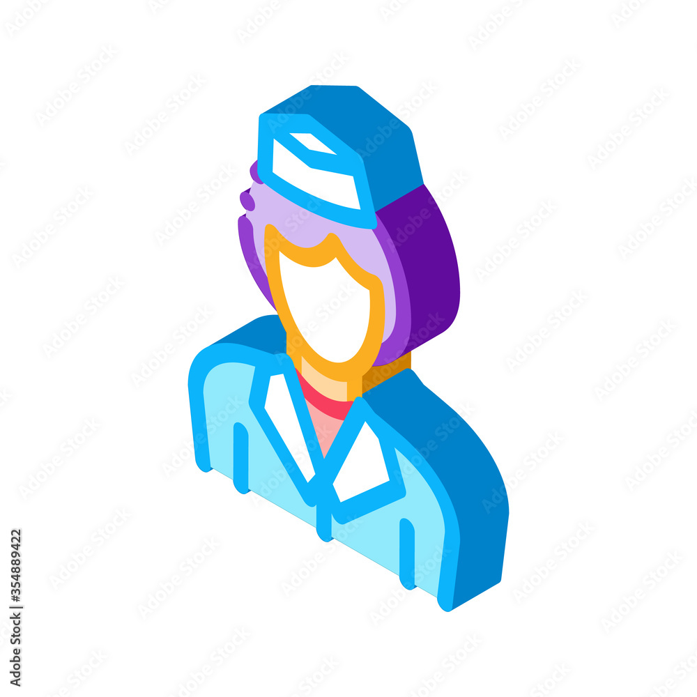 Stewardess Woman Silhouette Icon Vector. Isometric Stewardess Wearing Professional Clothes And Hat Concept Linear Pictogram. Flight Service sign. color isolated symbol illustration