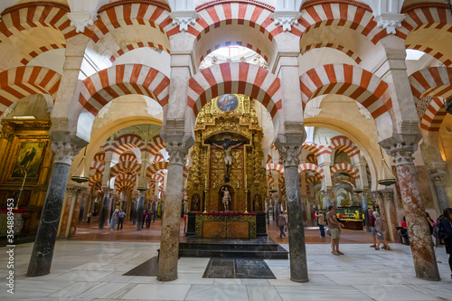 Panoramic view of the interior of the Mezquita, Cathedral of Córdoba, Spain.