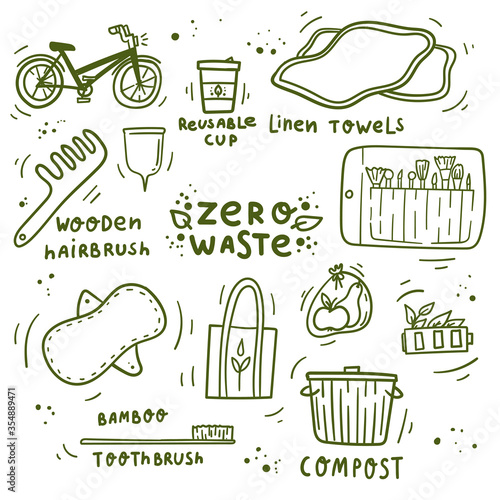 Woman zero waste minimalist living doodles hand drawn elements with period pad, menstrual cup, linen towels, compost box, wooden hair brush etc.
