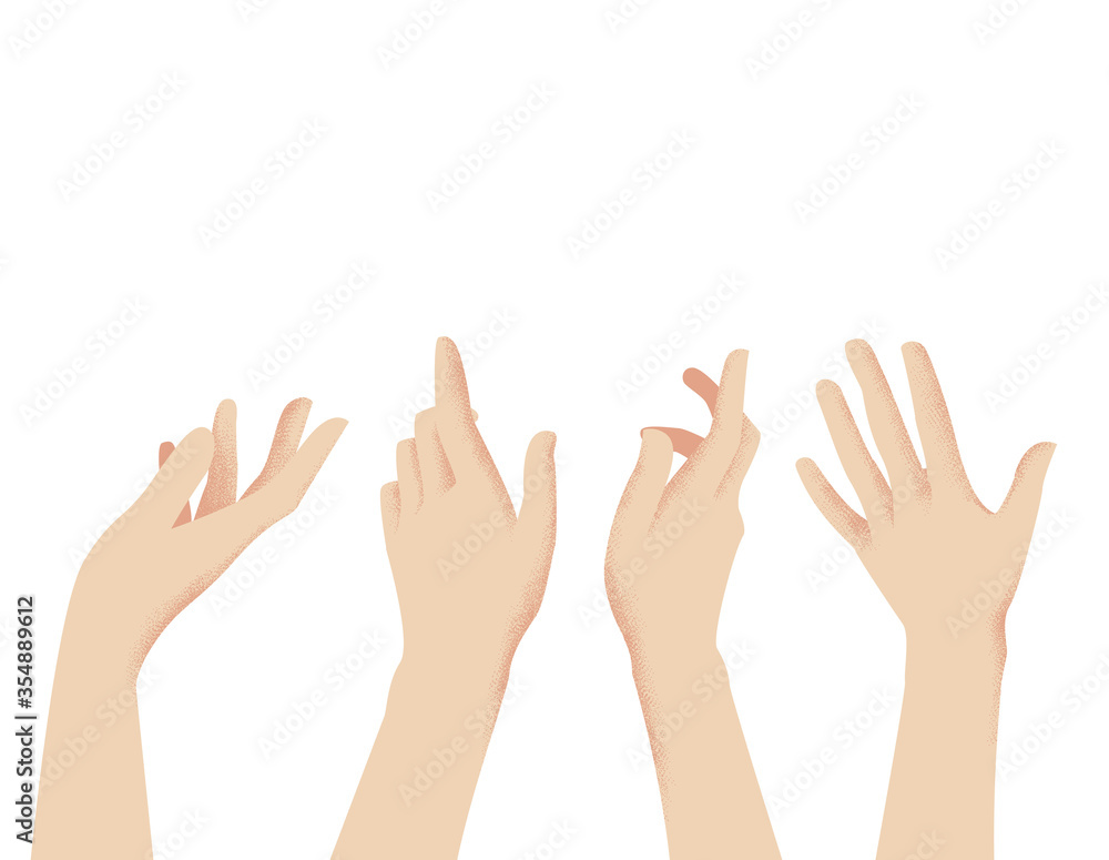 Female relaxed hands set of vector illustrations. Design of banners, advertising, posters. Hands reach for the sky, reach for something, open hand, hand touches, index finger. Stock illustration. Female relaxed hands set of vector illustrations. Design of banners, advertising, posters. Hands reach for the sky, reach for something, open hand, hand touches, index finger. Stock illustration.