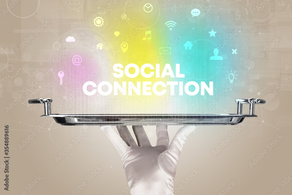 Waiter serving social networking with SOCIAL CONNECTION inscription, new media concept Waiter serving social networking with SOCIAL CONNECTION inscription, new media concept