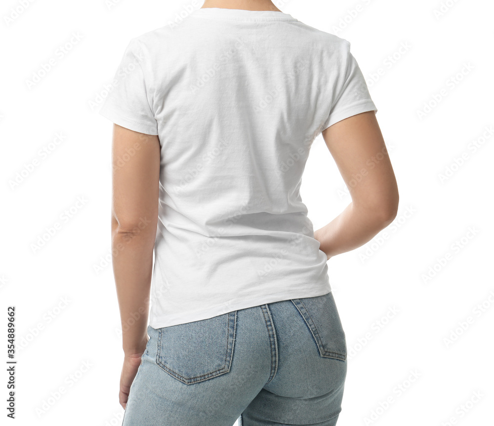Woman in t-shirt on white background, closeup. Space for design Woman in t-shirt on white background, closeup. Space for design