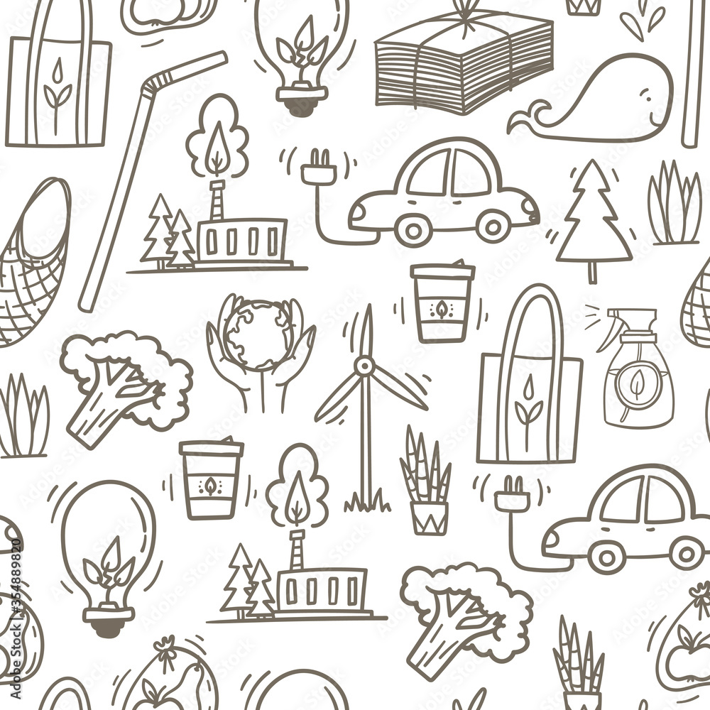 Obraz premium Zero waste and eco living theme seamless pattern hand drawn doodle style background with wind mill, electric car, cotton bag, green energy plant, organic broccoli etc.