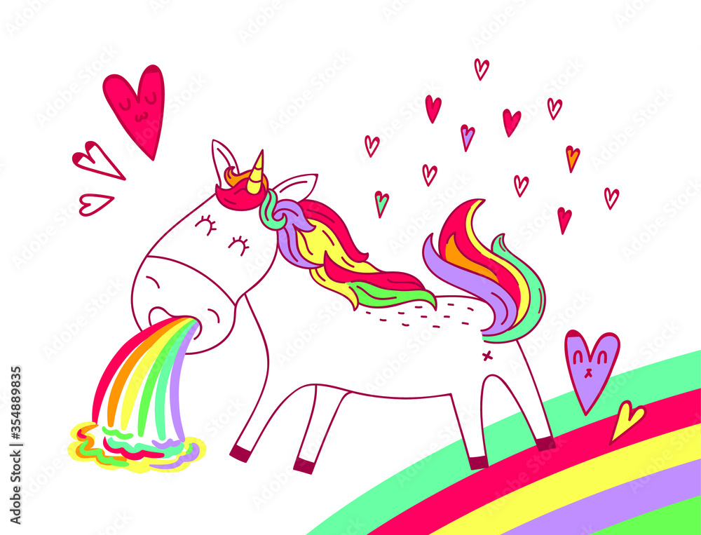 Cute doodle kawaii unicorn pukes with a rainbow. Vector isolated illustration on a white background. Illustration is suitable for postcards, baby textiles, wrapping paper and so on. Cute doodle kawaii unicorn pukes with a rainbow. Vector isolated illustration on a white background. Illustration is suitable for postcards, baby textiles, wrapping paper and so on.