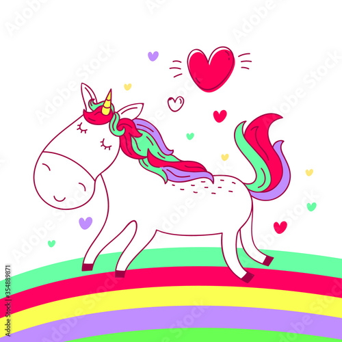 Cute doodle kawaii unicorn runs across the rainbow. Vector isolated illustration on a white background. Illustration is suitable for postcards, baby textiles, wrapping paper and so on.