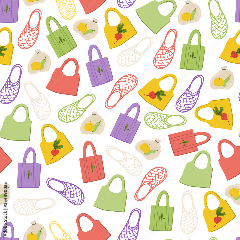 Different types of eco cotton tote bags hand drawn doodles seamless pattern.