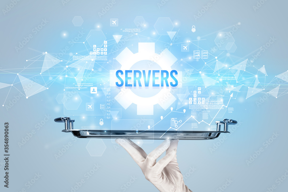 Waiter serving new technology concept with SERVERS inscription Waiter serving new technology concept with SERVERS inscription