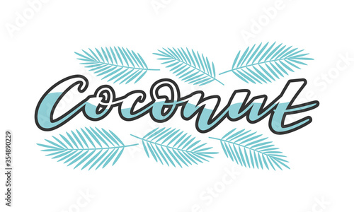 Coconut vector lettering with decorative palm leaves