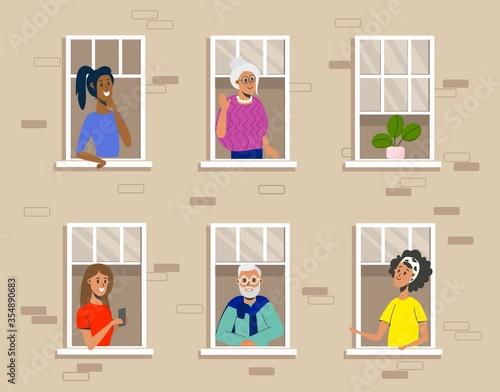 Residential building with people in open window spaces. The neighbors are talking, looking out of the window