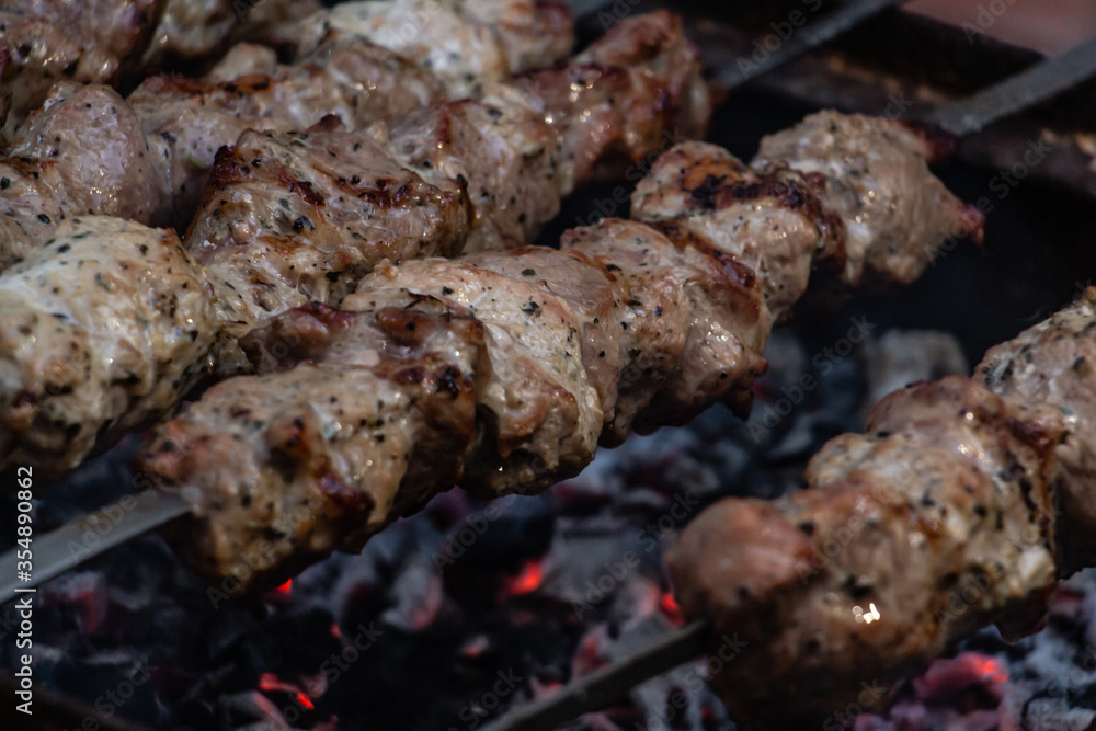 delicious barbecue, which is prepared on a fire on skewers, on a picnic with friends delicious barbecue, which is prepared on a fire on skewers, on a picnic with friends