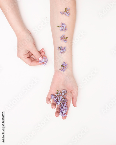Concept of hand care, anti-wrinkle, anti-aging cream, Spa. Beautiful female hands with lilac flowers on a white background, top view. © Александра Туркина