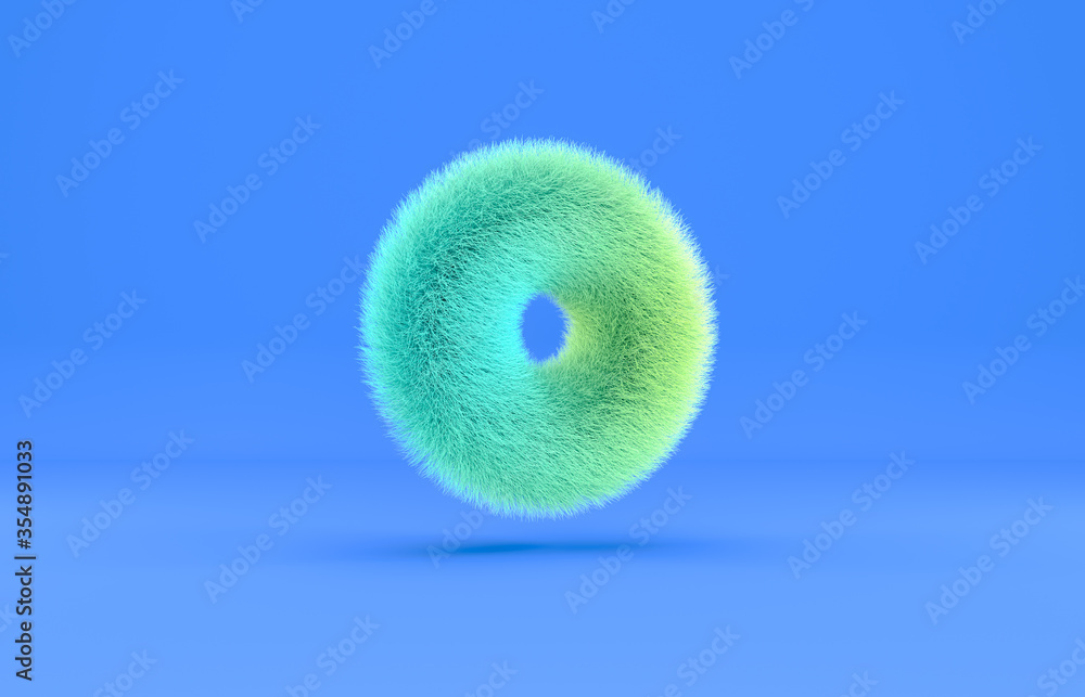 Abstract 3d geometric torus shape background with green fur texture.