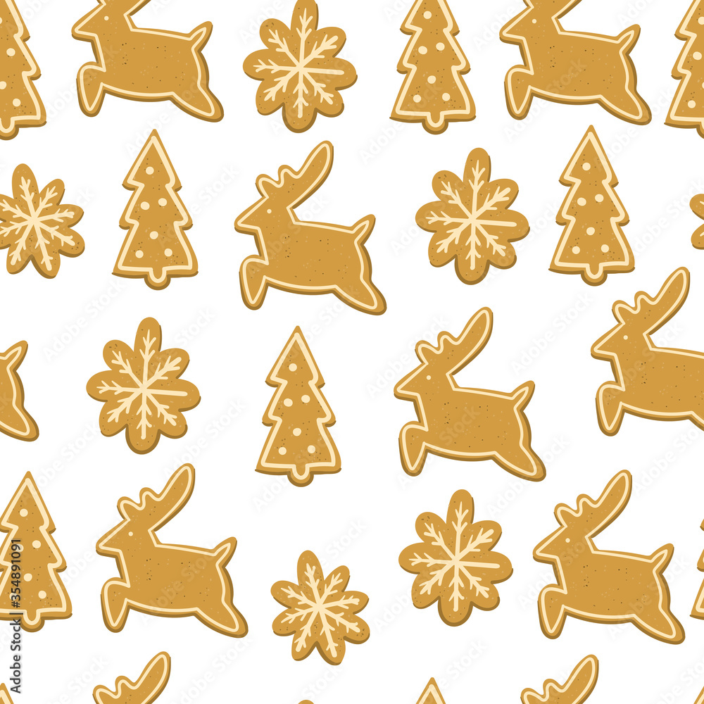 Christmas gingerbread cookies seamless endless pattern with fir-trees, reindeers and snowflakes. Hand drawn cartoon background. Christmas gingerbread cookies seamless endless pattern with fir-trees, reindeers and snowflakes. Hand drawn cartoon background.