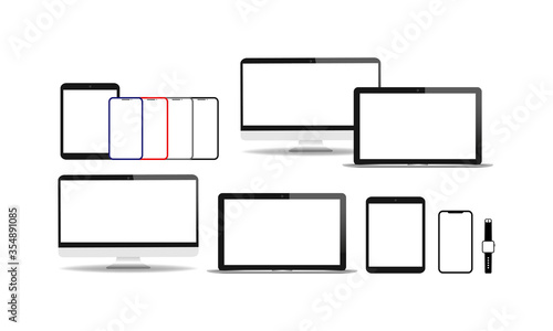 New device realistic icon flat set. Smartphone, laptop, computer monitor, tablet and smart watch on isolated white background. EPS 10 vector.