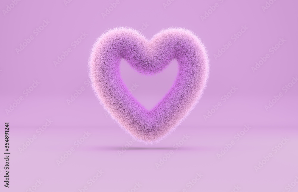 Fototapeta premium Abstract 3d geometric heart shape background with pink fur texture.