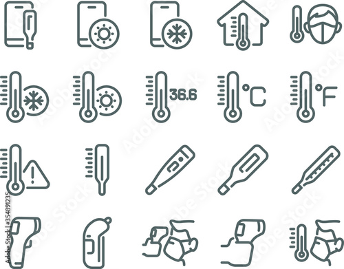 Thermometer icon set vector illustration. Contains such icon as Temperature Check, Screening, Scanning, Caution, Celsius, Fahrenheit and more. Expanded Stroke