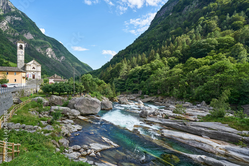 Landscape panorama of Swiss village Lavertezzo, Verzasca Valley, canton of Ticino, Switzerland 
