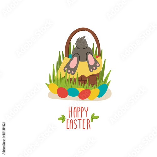 Happy Easter in Russian. Doodle hand drawn Easter basket with Easter rabbit and eggs.