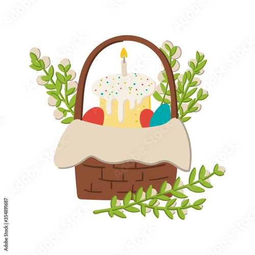 Easter basket with Easter cake and eggs doodle cartoon style hand drawn holiday concept. Spring twigs with blooming willows.