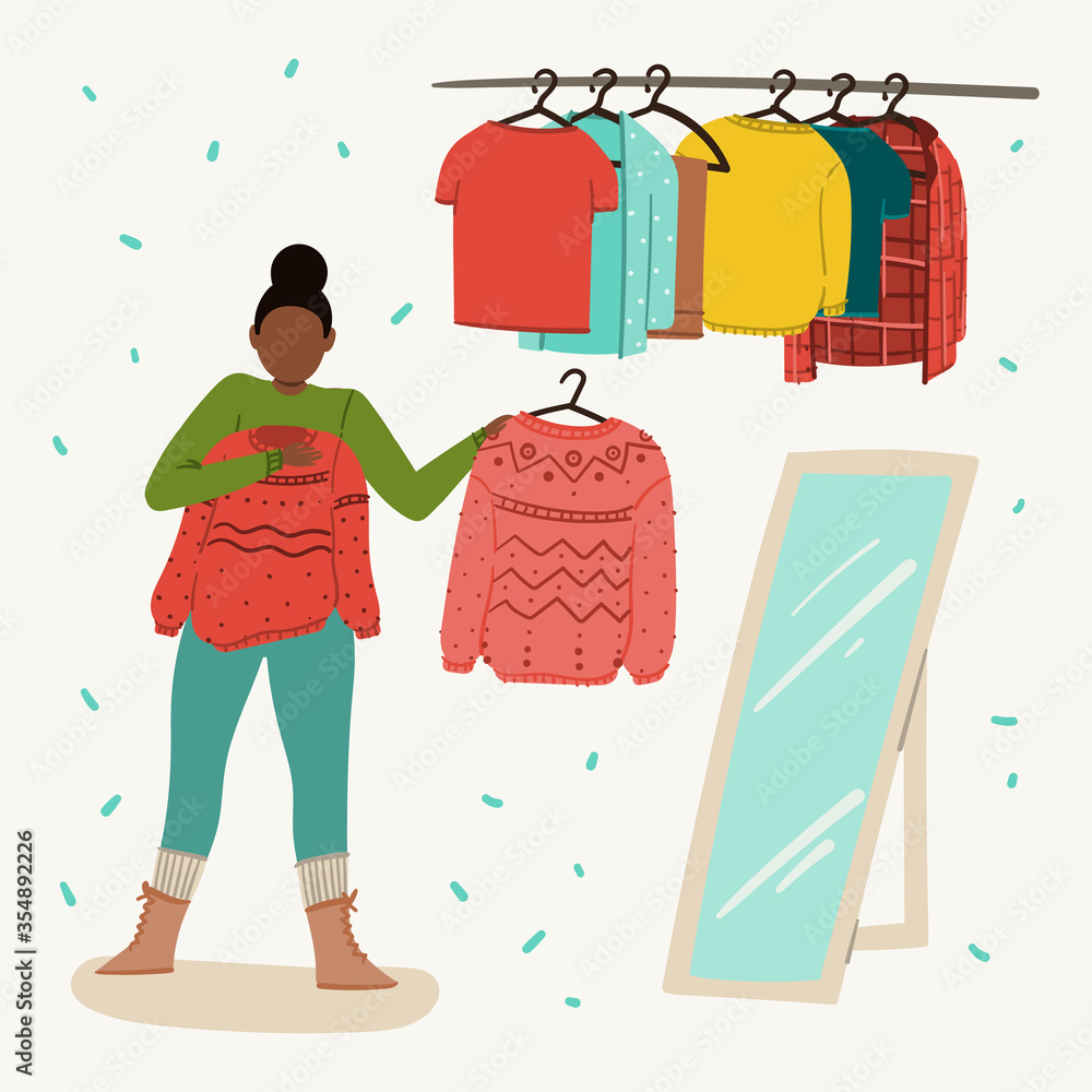Vecteur Stock Woman is trying on clothes in clothing store, second hand,  garage sale or clothes swap party. Hand drawn flat cartoon shopping or zero  waste concept illustration.
