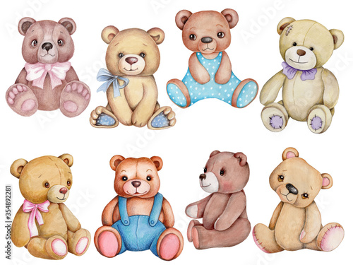 Wallpaper Mural Set of teddy bears. Watercolor hand drawn illustrations, isolated on white background.  Torontodigital.ca