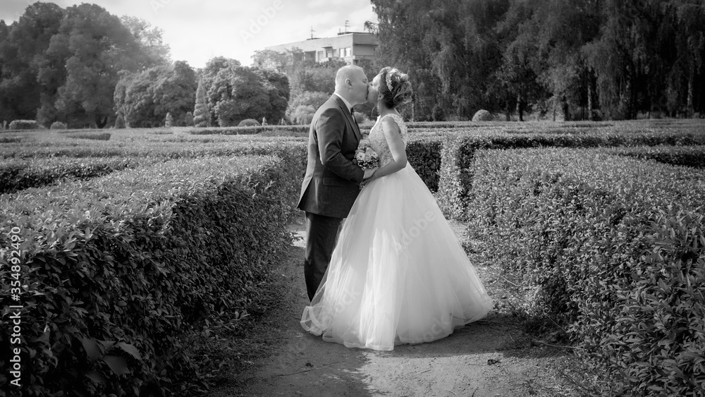 Black and white photo of bride and groom kissing first time on wedding ceremony at park Black and white photo of bride and groom kissing first time on wedding ceremony at park