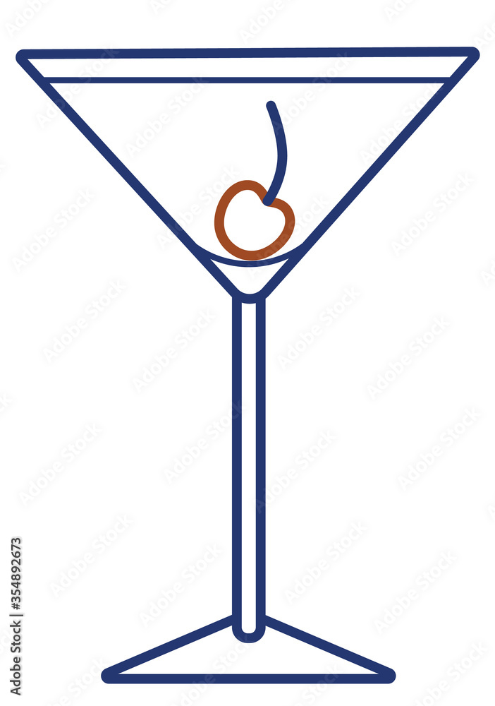 Vector line art minimalist stroke stylized alcohol cocktail logo illustration. Classic Manhattan drink and cherry. For card, poster or restaurant menu for beach party event, website or blog recipe Vector line art minimalist stroke stylized alcohol cocktail logo illustration. Classic Manhattan drink and cherry. For card, poster or restaurant menu for beach party event, website or blog recipe