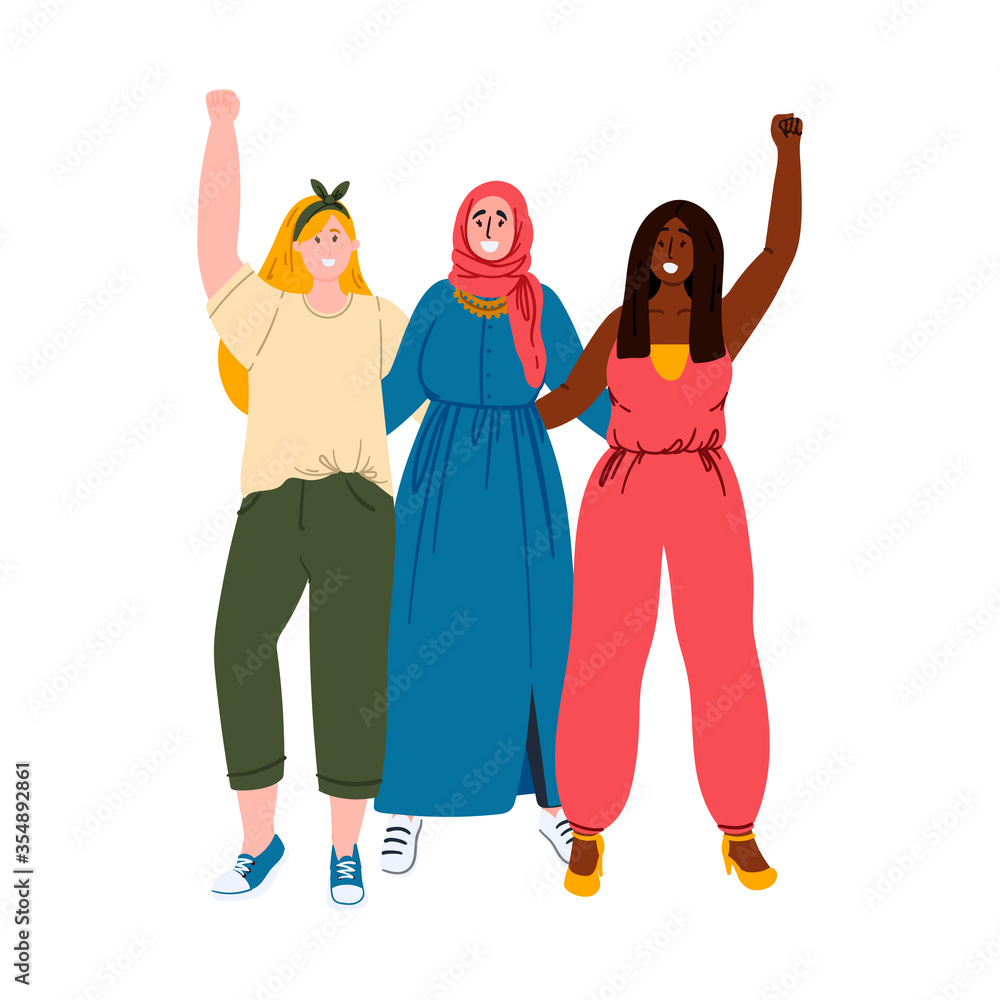 Girls are standing together. Doodle cartoon flat style hand drawn sisterhood or girl power concept illustration.