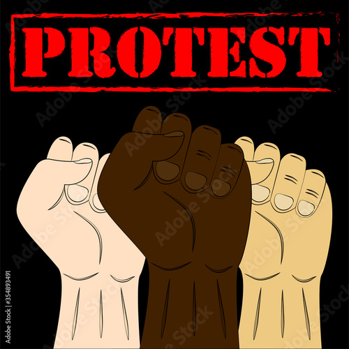 Multiracial fists hands up. Raised hands with clenched fist. Concept of protest, revolution, fight, cooperation, strike. Vector illustration.
