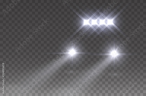 Lights led off road effect front view. Realistic white glow headlights isolated on transparent background. Vector bright car beams for race design..