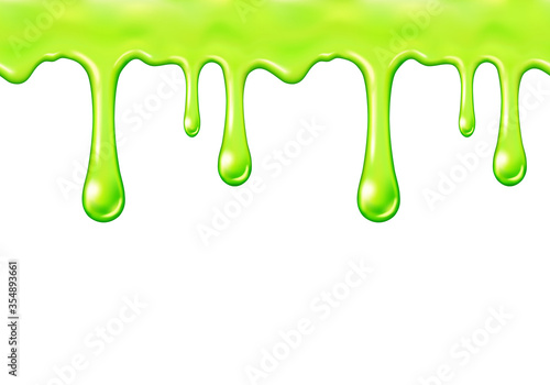 Slime drip seamless pattern isolated on transparent background. Green realistic melt syrup border. Vector sticky halloween liquid template