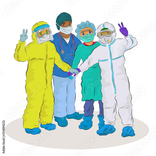 Vector illustration of health staff with personal protective equipment (PPE),standing strong against coronavirus, happy to feel strong in the fight with the Coronavirus during COVID-19 Pandemic Out