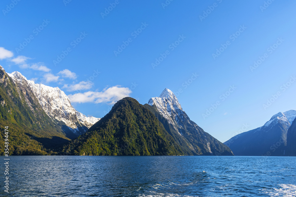 Panoramic View at Milford Sound Harbor, South Island, New Zealand; Morning Time Scenery