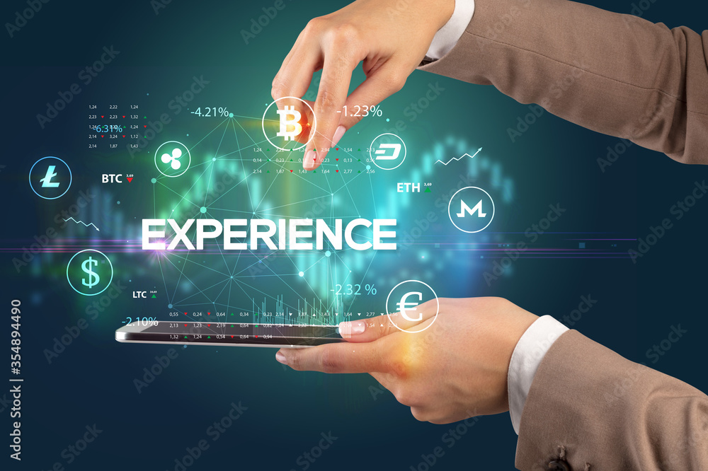 Close-up of a touchscreen with EXPERIENCE inscription, business opportunity concept Close-up of a touchscreen with EXPERIENCE inscription, business opportunity concept