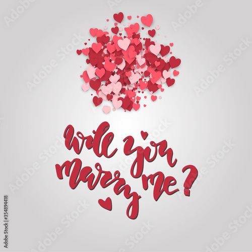 Will you marry me. Hand drawn lettering on the hearts background. Romantic Valentine's Day card