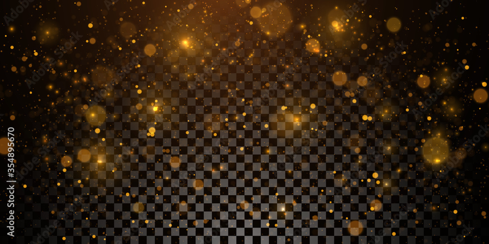 Sparkling golden particles, glowing bokeh lights isolated on dark transparent background	