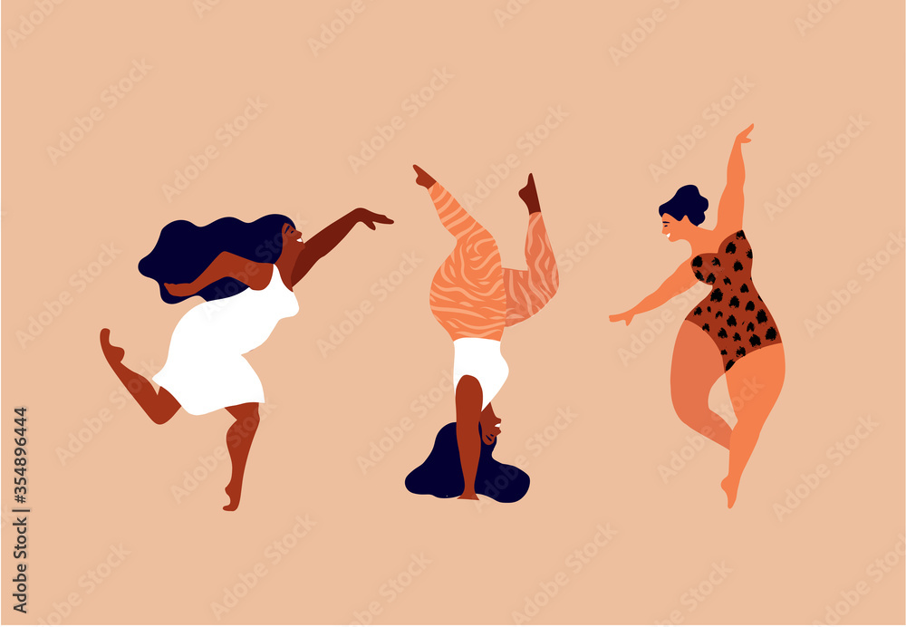 Happy women. Body positive vertical cards. Love yourself, your body concept. Female freedom, girl power or international women's day vector illustration. - obrazy, fototapety, plakaty 