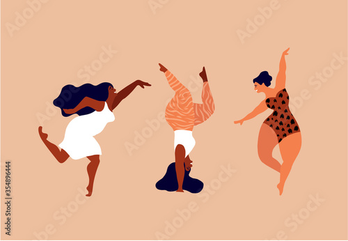 Happy women. Body positive vertical cards. Love yourself, your body concept. Female freedom, girl power or international women's day vector illustration.